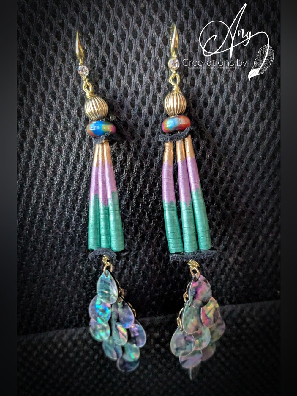 Native American Made Dentalium & Abalone Shell Earrings - Purple & Green Ombre